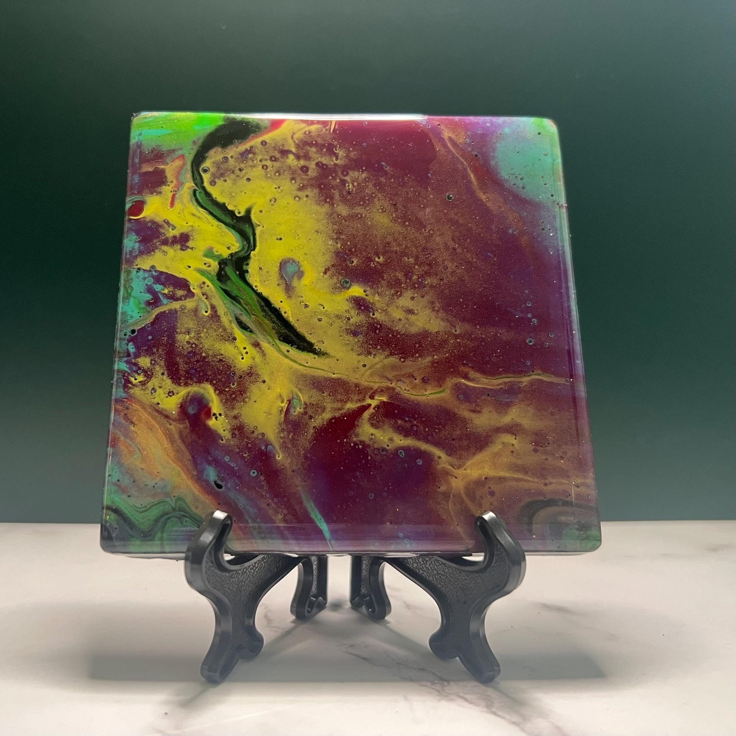 Handmade Acrylic Pour Coasters Set of 4 – “Jewel Tones Reverie” | Vibrant Art Coasters with Easels | Unique Ceramic Coasters for Home Decor