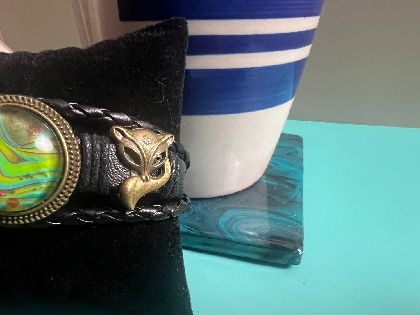 Fox Whisperer Handmade Fox Charm Leather Bracelet with Fluid Art Pendant – Unique Bohemian Jewelry for Men & Women
