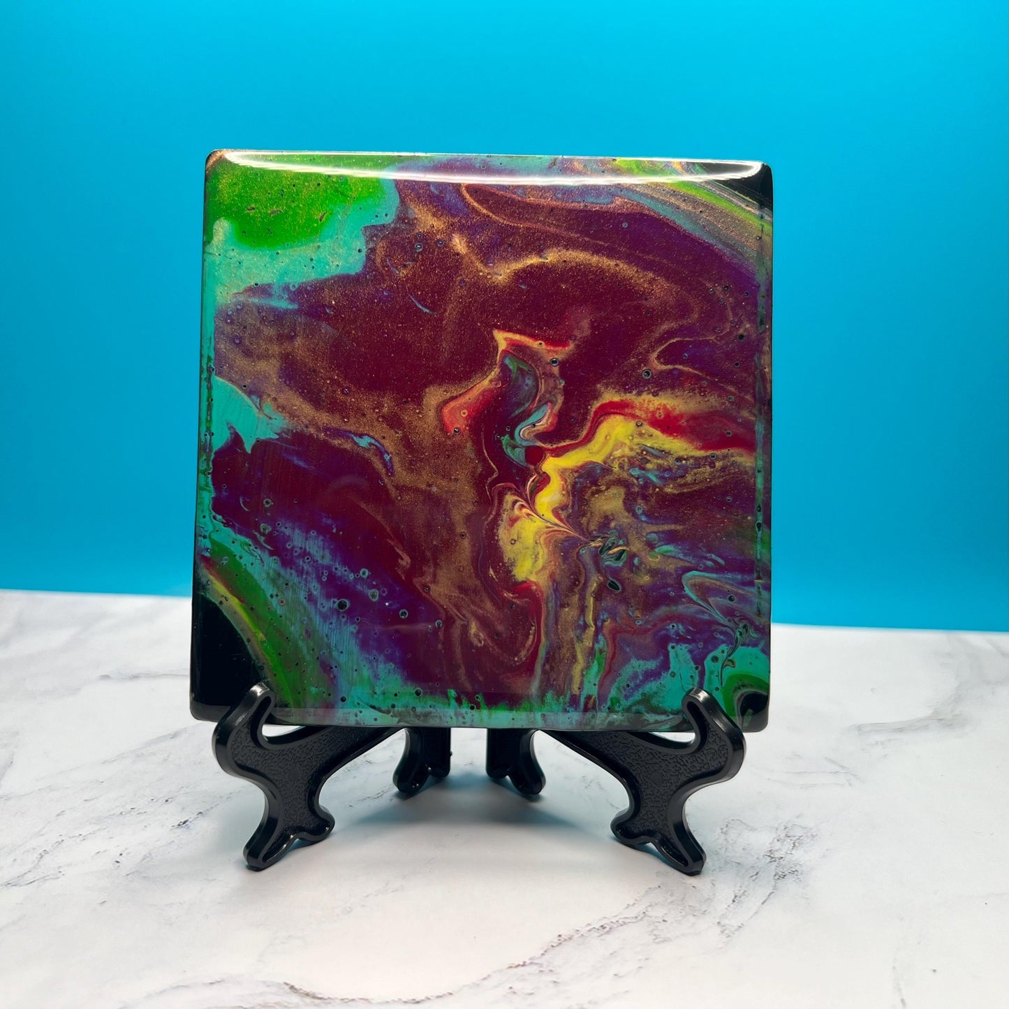 Handmade Acrylic Pour Coasters Set of 4 – “Jewel Tones Reverie” | Vibrant Art Coasters with Easels | Unique Ceramic Coasters for Home Decor