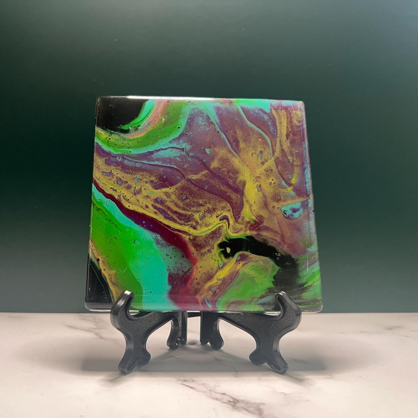 Handmade Acrylic Pour Coasters Set of 4 – “Jewel Tones Reverie” | Vibrant Art Coasters with Easels | Unique Ceramic Coasters for Home Decor