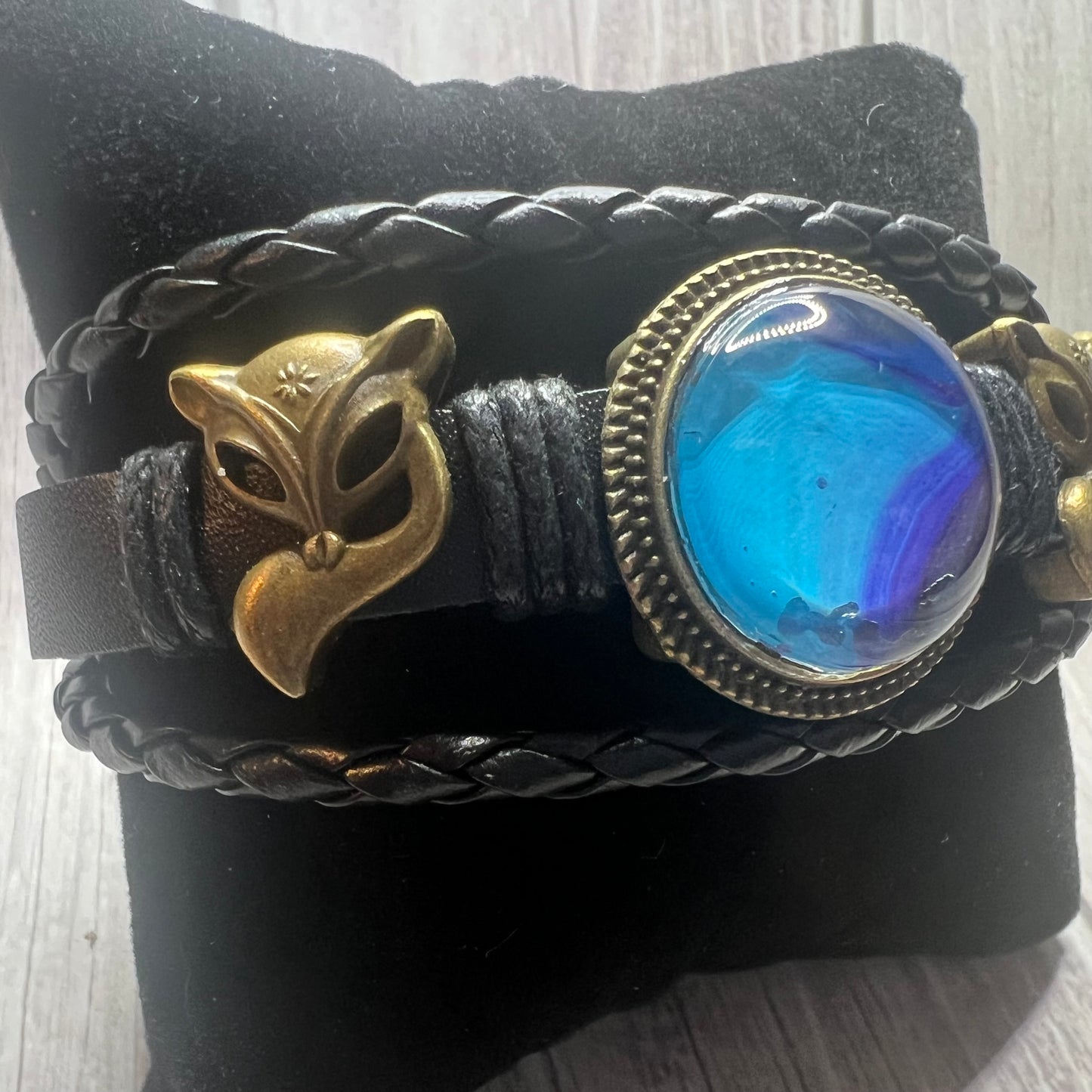 Fox Whisperer Handmade Fox Charm Leather Bracelet with Fluid Art Pendant – Unique Bohemian Jewelry for Men & Women
