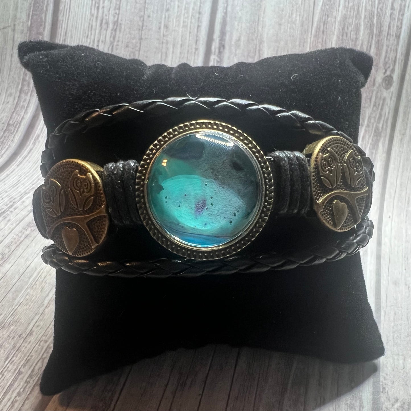 Wise Owl Handmade Owl Charm Leather Bracelet with Fluid Art Pendant – Boho Jewelry for Men & Women