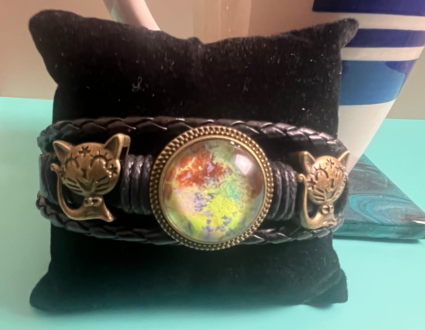 Whiskers Handmade Cat Charm Leather Bracelet with Fluid Art Pendant – Whimsical Boho Jewelry for Women & Men