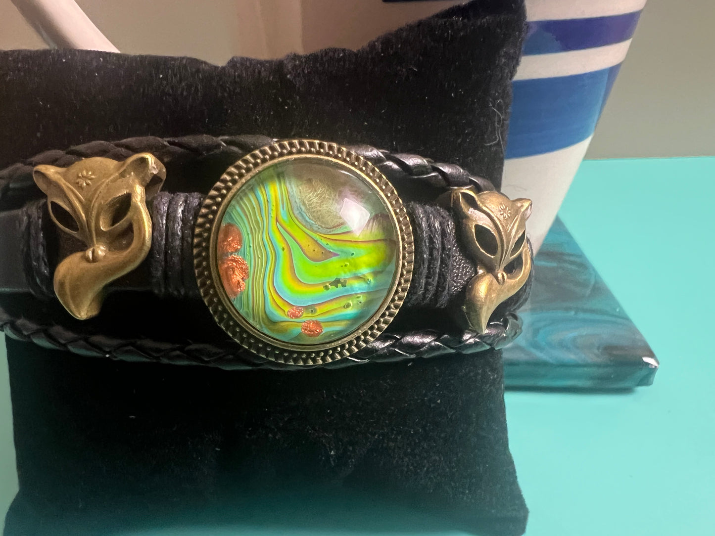 Fox Whisperer Handmade Fox Charm Leather Bracelet with Fluid Art Pendant – Unique Bohemian Jewelry for Men & Women