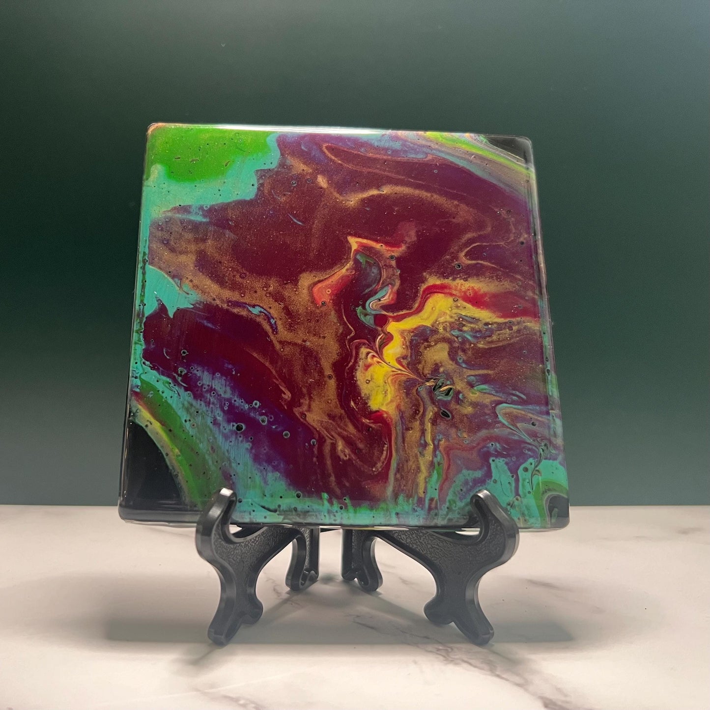 Handmade Acrylic Pour Coasters Set of 4 – “Jewel Tones Reverie” | Vibrant Art Coasters with Easels | Unique Ceramic Coasters for Home Decor
