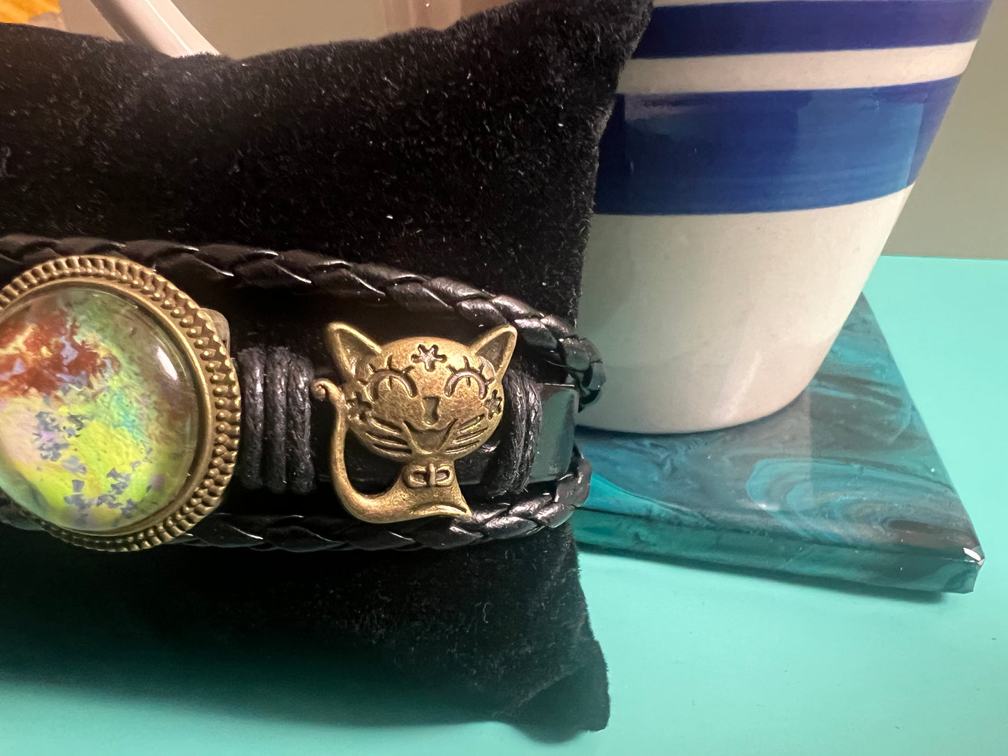 Whiskers Handmade Cat Charm Leather Bracelet with Fluid Art Pendant – Whimsical Boho Jewelry for Women & Men