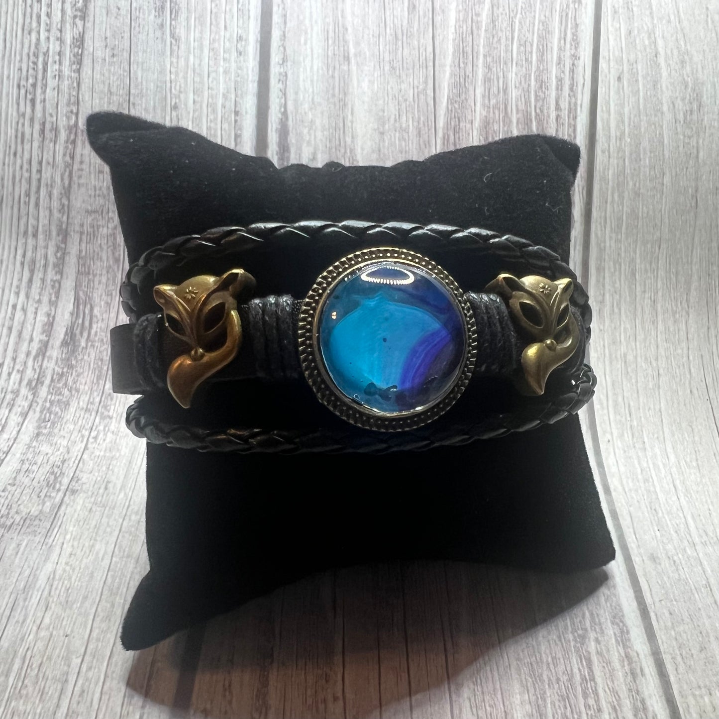 Fox Whisperer Handmade Fox Charm Leather Bracelet with Fluid Art Pendant – Unique Bohemian Jewelry for Men & Women