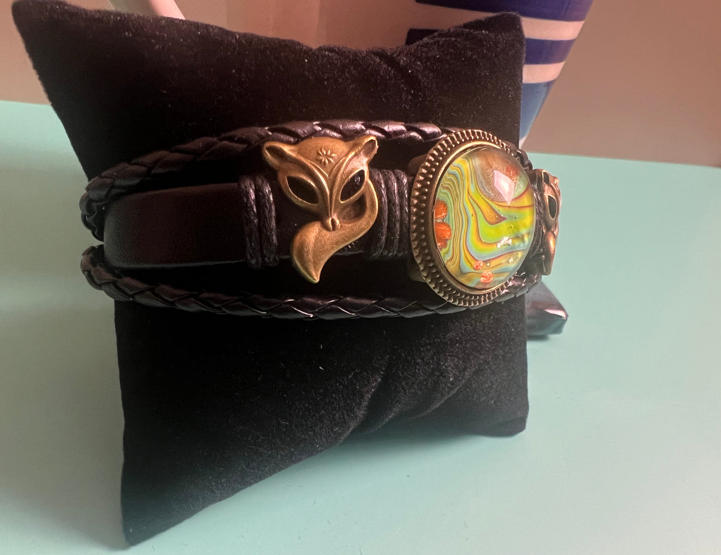 Fox Whisperer Handmade Fox Charm Leather Bracelet with Fluid Art Pendant – Unique Bohemian Jewelry for Men & Women