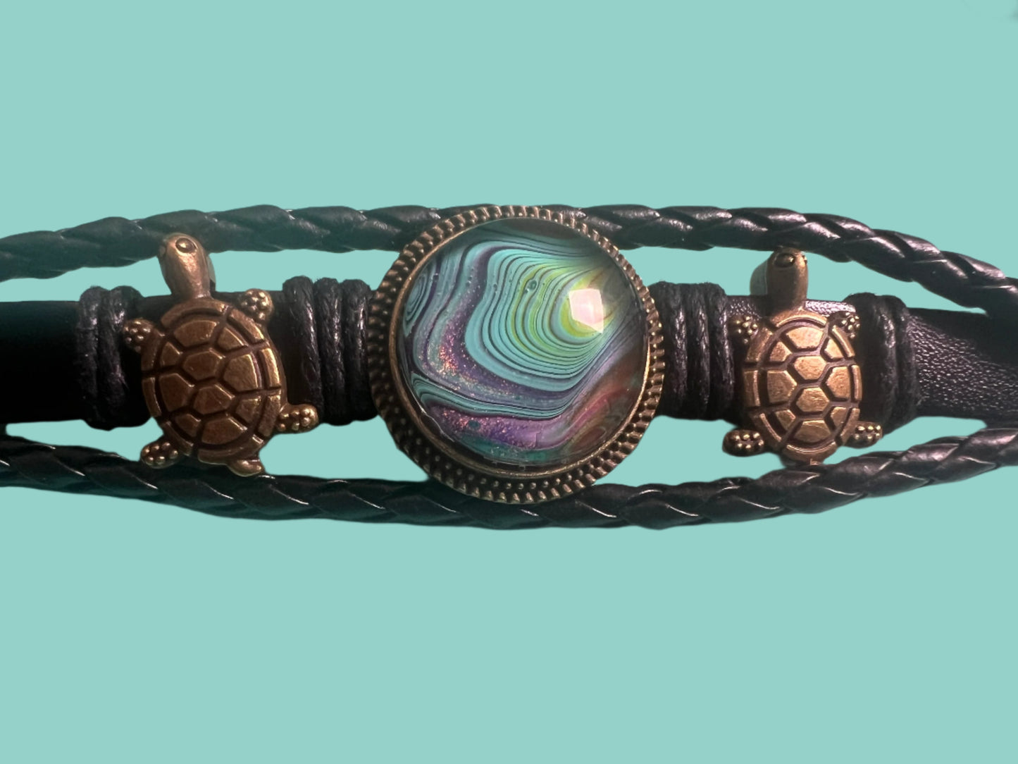 Serene Turtle Handmade Turtle Charm Leather Bracelet with Fluid Art Pendant – Nature-Inspired Boho Jewelry for Men & Women