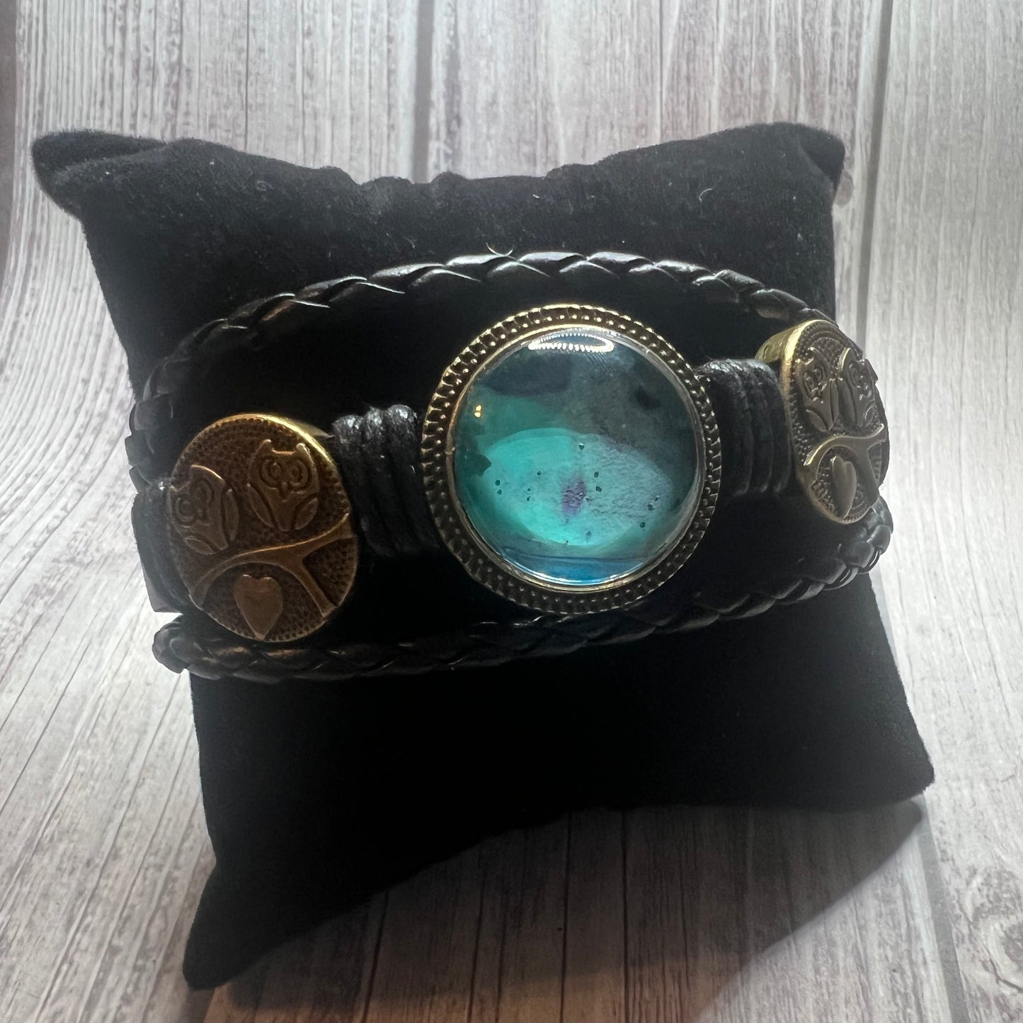 Wise Owl Handmade Owl Charm Leather Bracelet with Fluid Art Pendant – Boho Jewelry for Men & Women