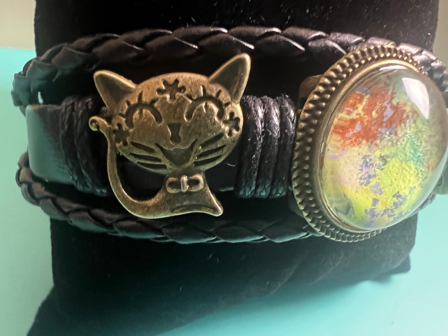 Whiskers Handmade Cat Charm Leather Bracelet with Fluid Art Pendant – Whimsical Boho Jewelry for Women & Men