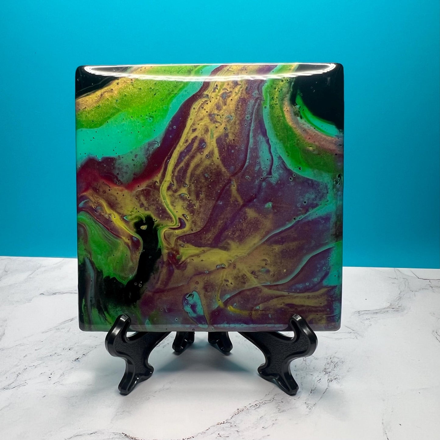 Handmade Acrylic Pour Coasters Set of 4 – “Jewel Tones Reverie” | Vibrant Art Coasters with Easels | Unique Ceramic Coasters for Home Decor