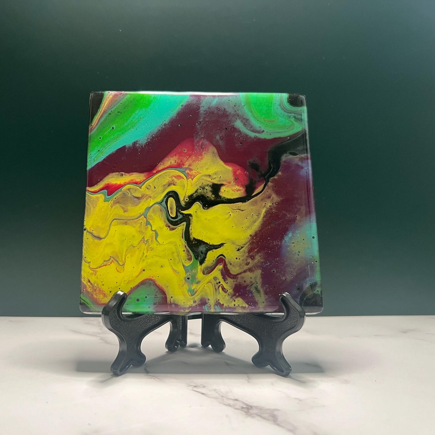 Handmade Acrylic Pour Coasters Set of 4 – “Jewel Tones Reverie” | Vibrant Art Coasters with Easels | Unique Ceramic Coasters for Home Decor