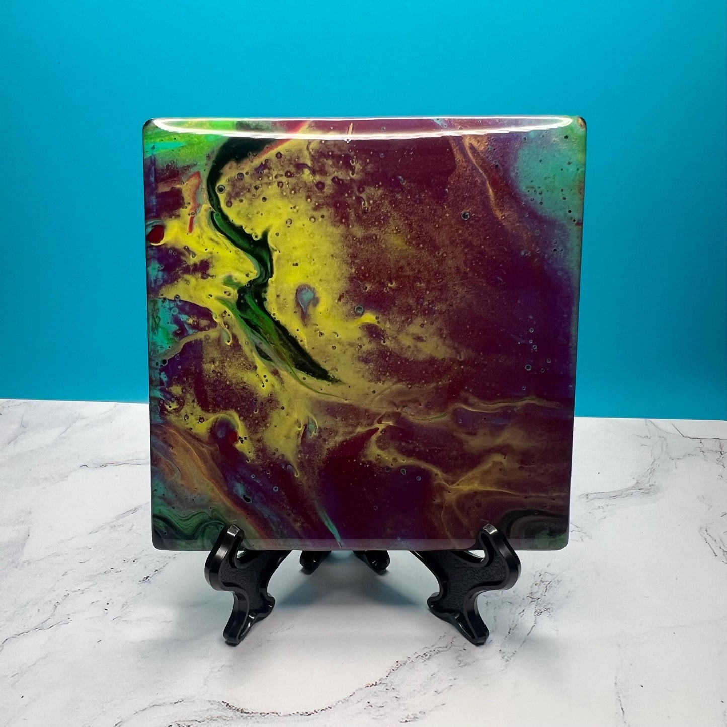 Handmade Acrylic Pour Coasters Set of 4 – “Jewel Tones Reverie” | Vibrant Art Coasters with Easels | Unique Ceramic Coasters for Home Decor