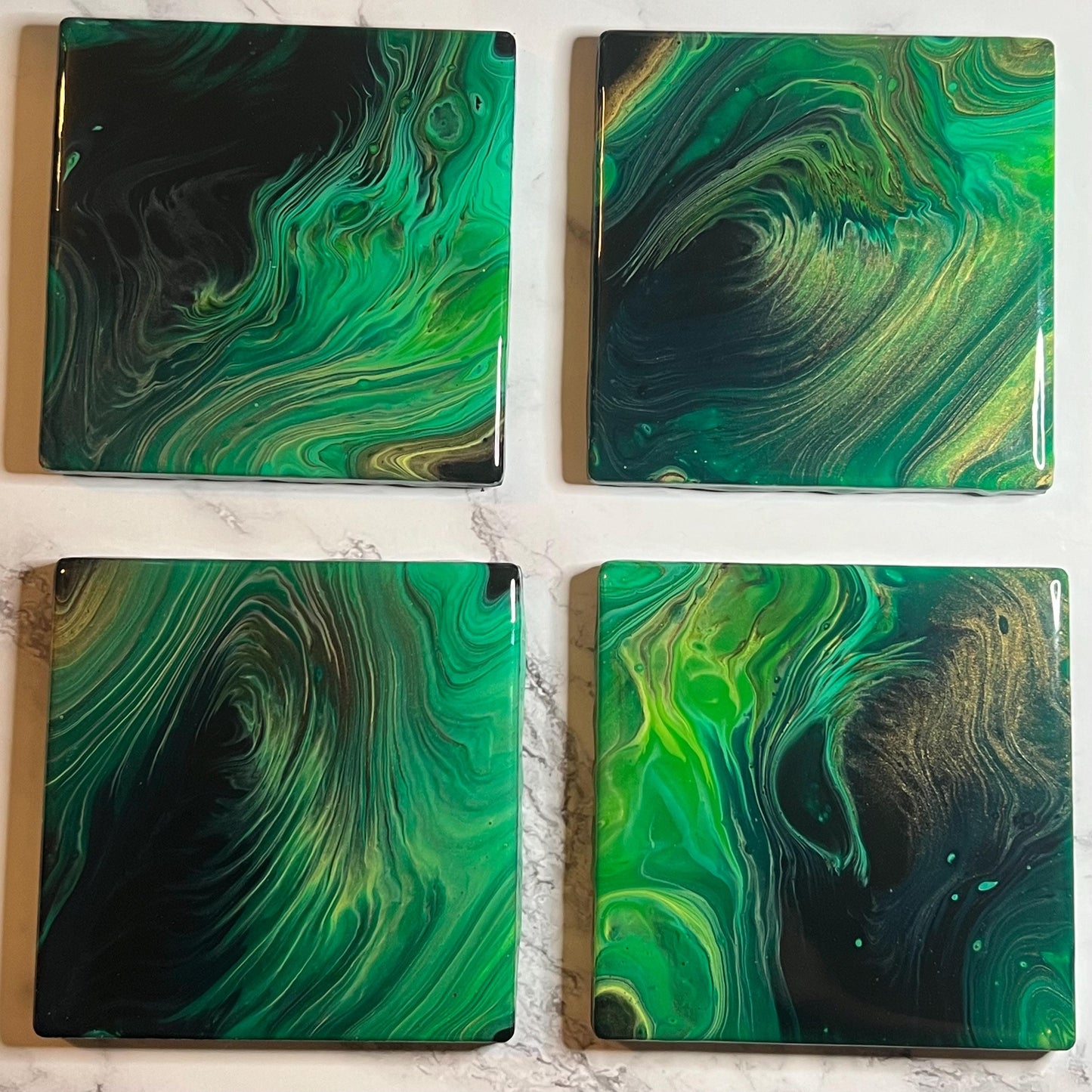 Mystic Jade Coasters - Handcrafted Ceramic Coaster Set with Resin Finish | Elegant Green & Black Swirl Design | Unique Home Decor