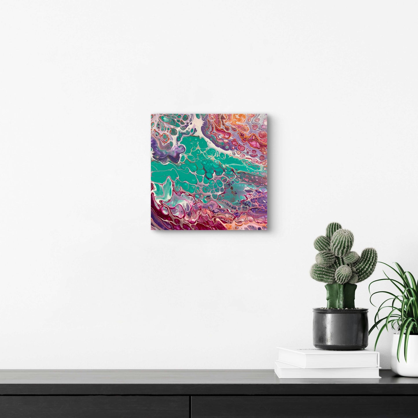 Vibrant Abstract Acrylic Pour Painting on 8x8 Canvas - Hand-Painted Original Fluid Art with Bold Teal, Purple, and Pink Accents - Varnished Wall Art for Home or Office Decor