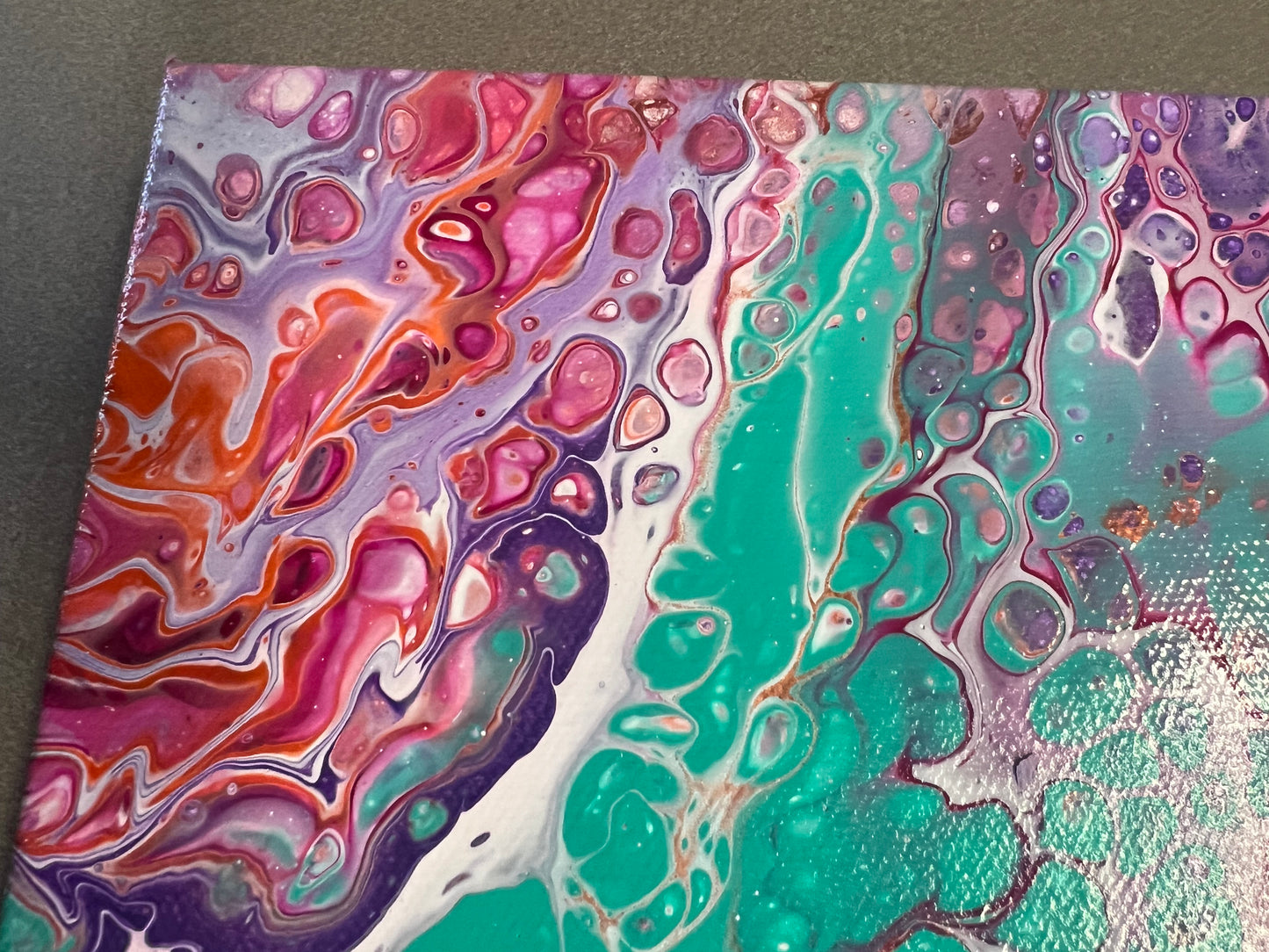 Vibrant Abstract Acrylic Pour Painting on 8x8 Canvas - Hand-Painted Original Fluid Art with Bold Teal, Purple, and Pink Accents - Varnished Wall Art for Home or Office Decor