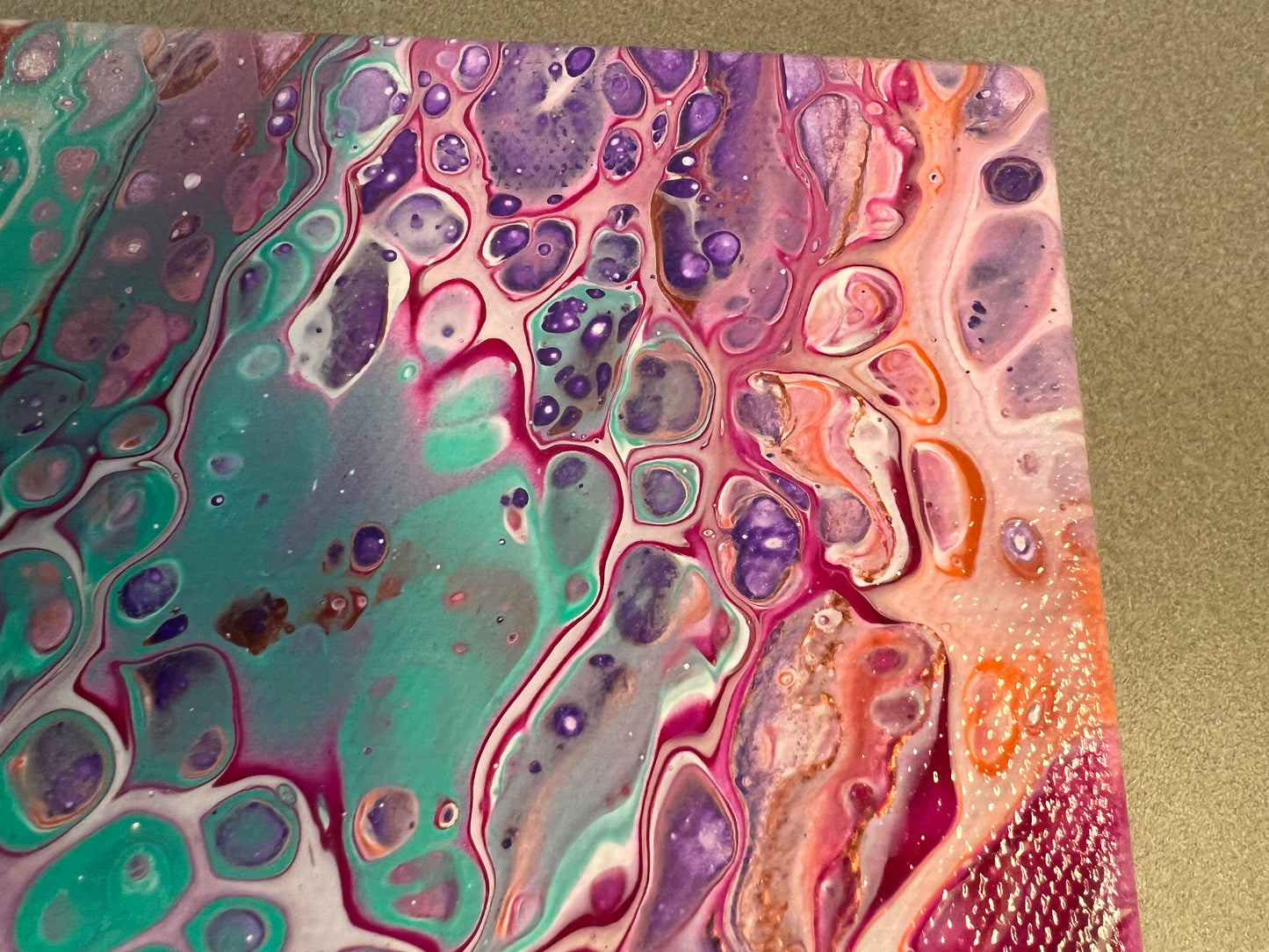 Vibrant Abstract Acrylic Pour Painting on 8x8 Canvas - Hand-Painted Original Fluid Art with Bold Teal, Purple, and Pink Accents - Varnished Wall Art for Home or Office Decor