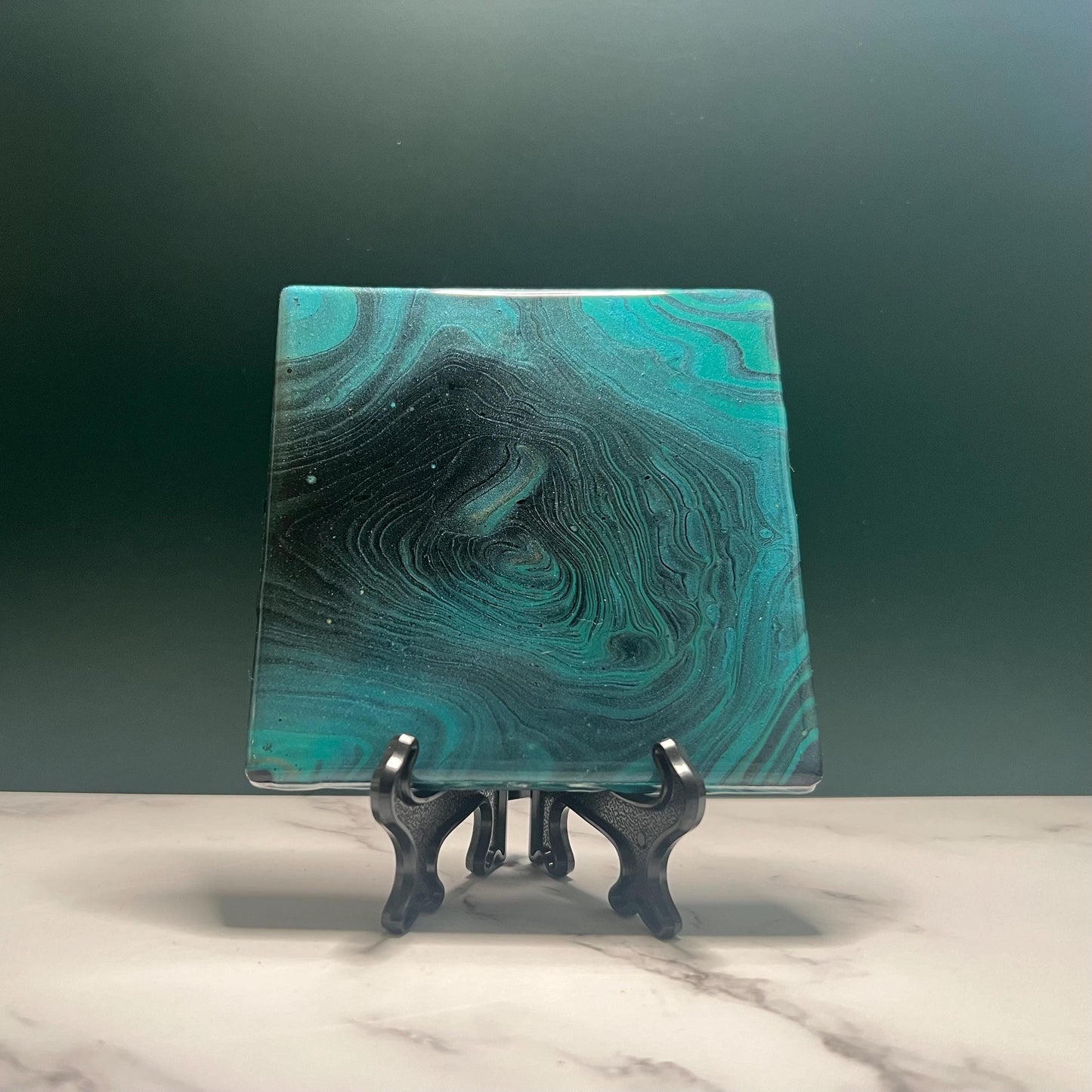 Midnight Marble Ceramic Coasters | Acrylic Pour Art with Mini Easels | Modern Drink Coasters for Home Décor | High-End Housewarming Gift