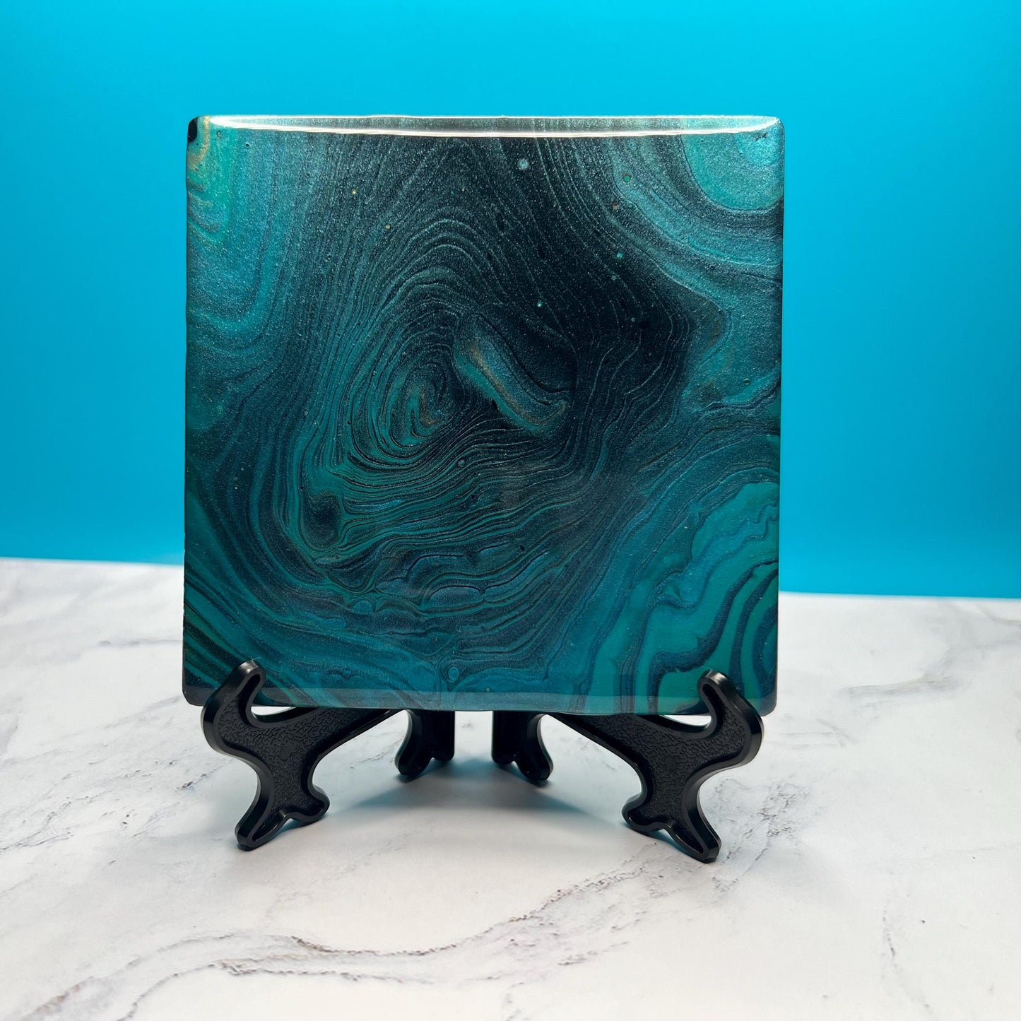 Midnight Marble Ceramic Coasters | Acrylic Pour Art with Mini Easels | Modern Drink Coasters for Home Décor | High-End Housewarming Gift