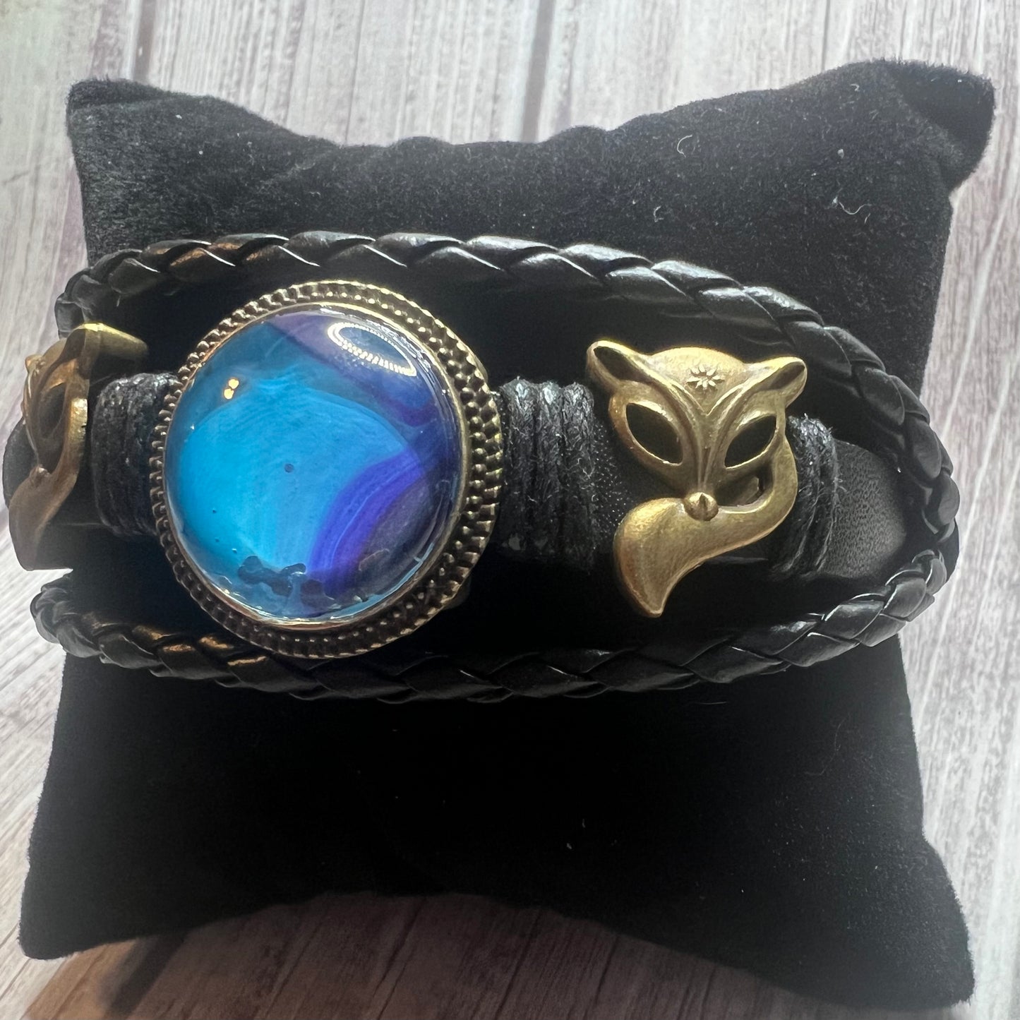 Fox Whisperer Handmade Fox Charm Leather Bracelet with Fluid Art Pendant – Unique Bohemian Jewelry for Men & Women
