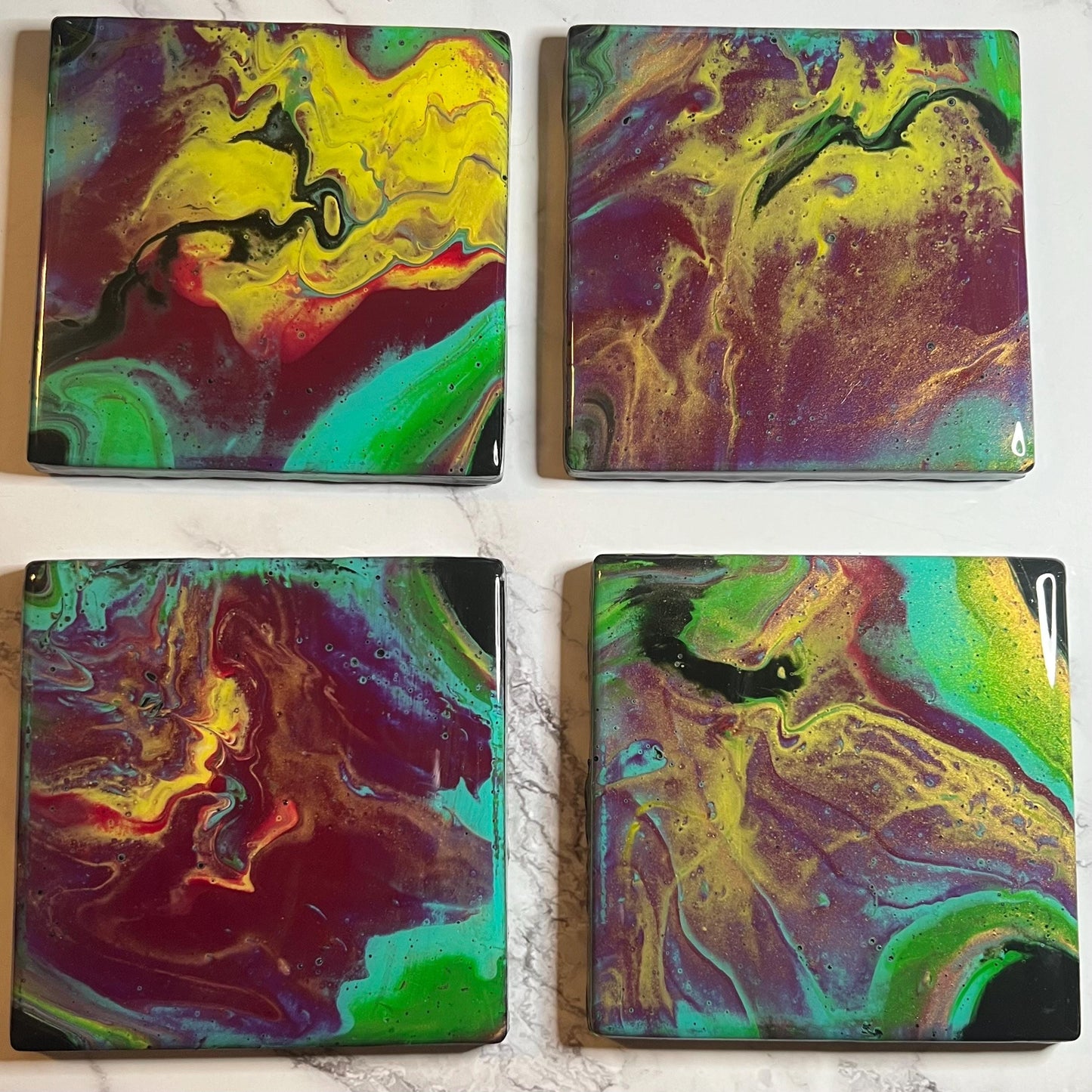 Handmade Acrylic Pour Coasters Set of 4 – “Jewel Tones Reverie” | Vibrant Art Coasters with Easels | Unique Ceramic Coasters for Home Decor
