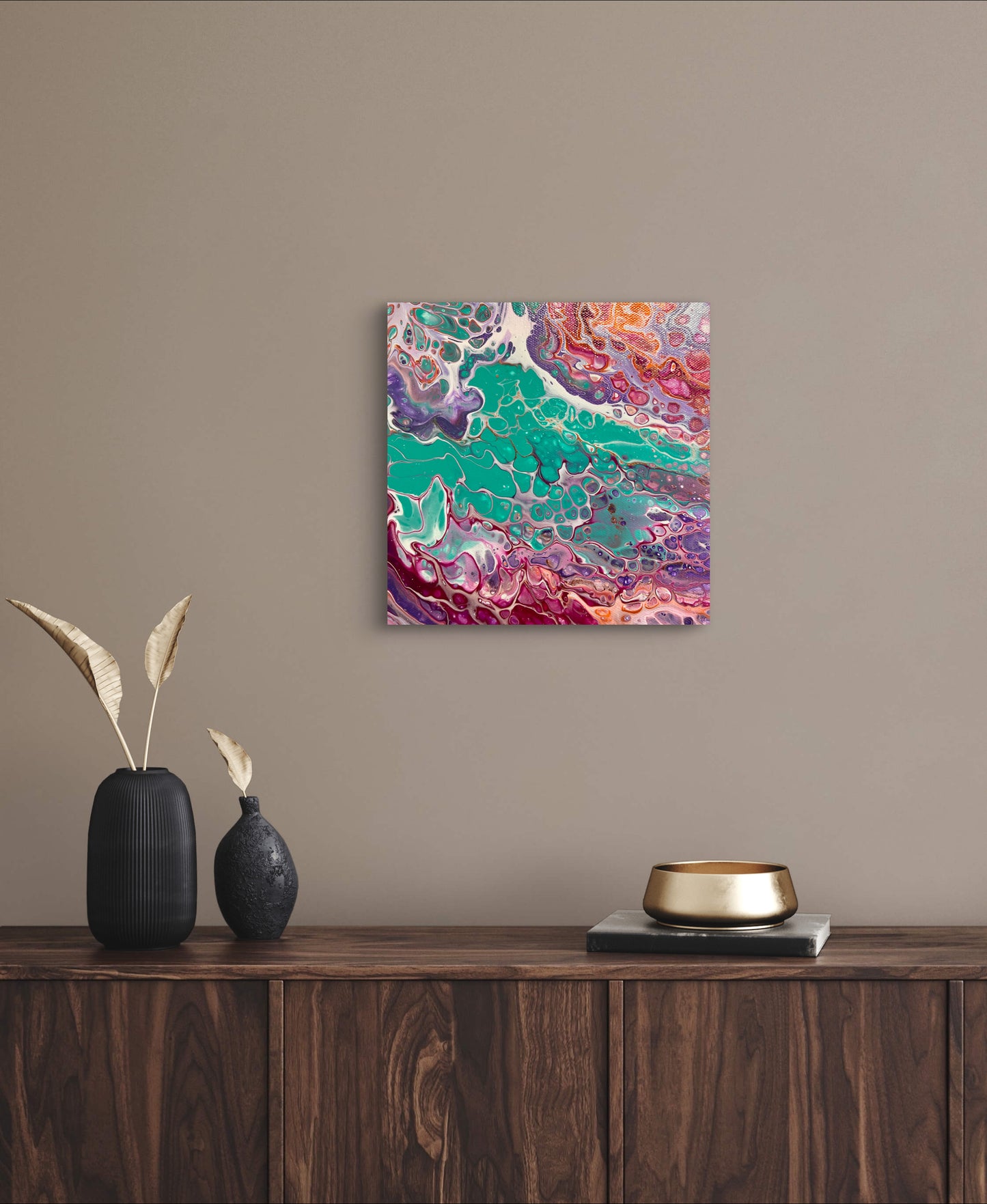 Vibrant Abstract Acrylic Pour Painting on 8x8 Canvas - Hand-Painted Original Fluid Art with Bold Teal, Purple, and Pink Accents - Varnished Wall Art for Home or Office Decor