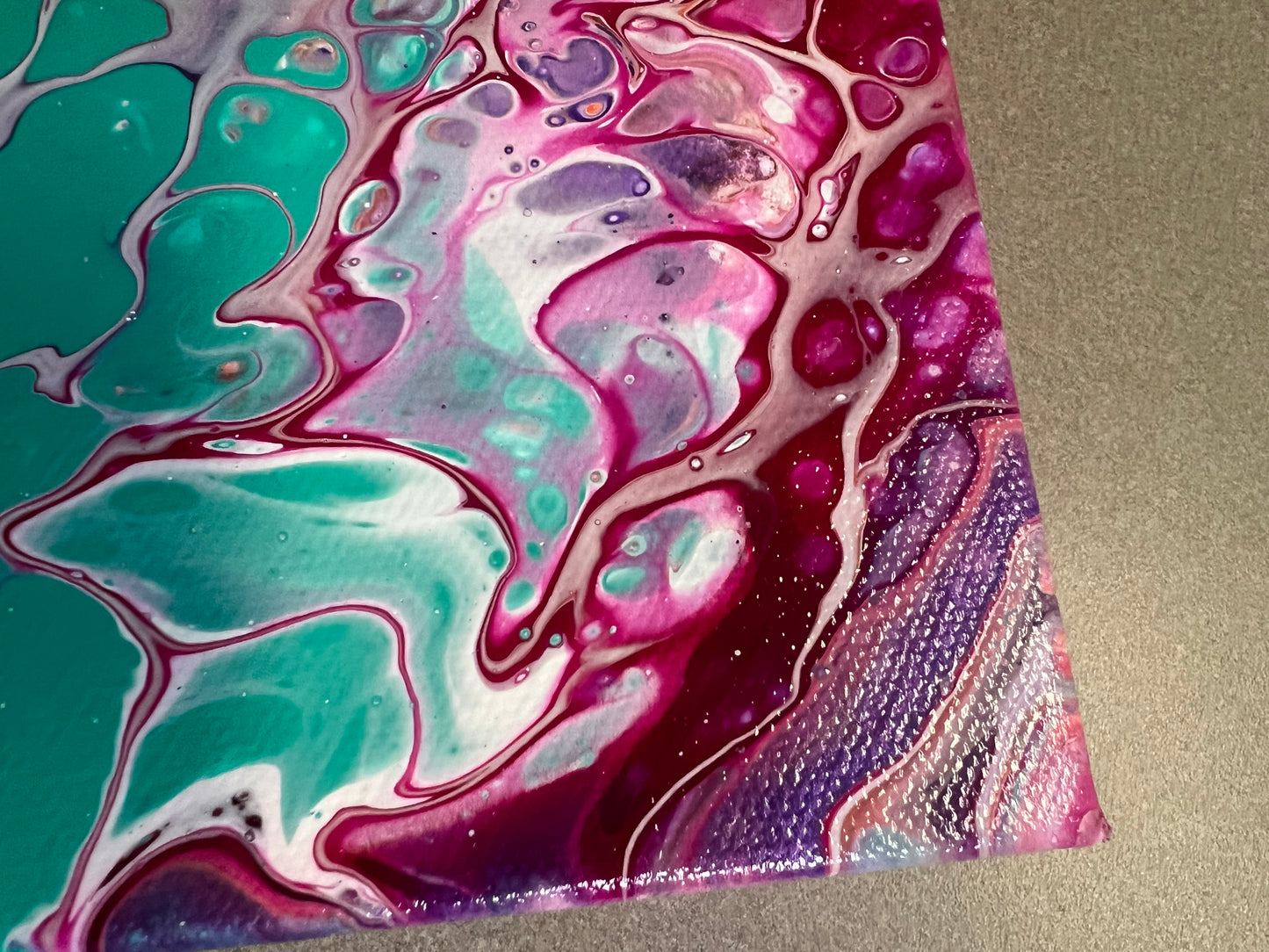 Vibrant Abstract Acrylic Pour Painting on 8x8 Canvas - Hand-Painted Original Fluid Art with Bold Teal, Purple, and Pink Accents - Varnished Wall Art for Home or Office Decor