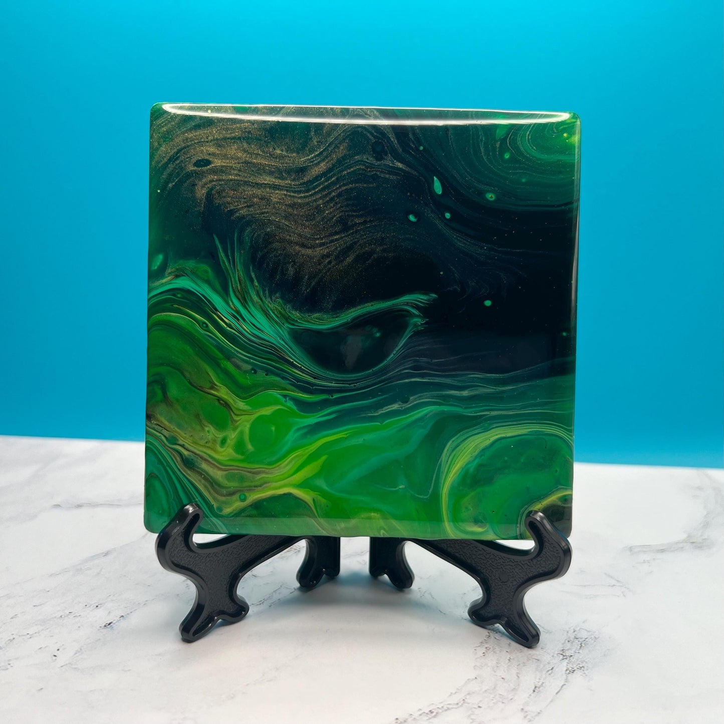 Mystic Jade Coasters - Handcrafted Ceramic Coaster Set with Resin Finish | Elegant Green & Black Swirl Design | Unique Home Decor