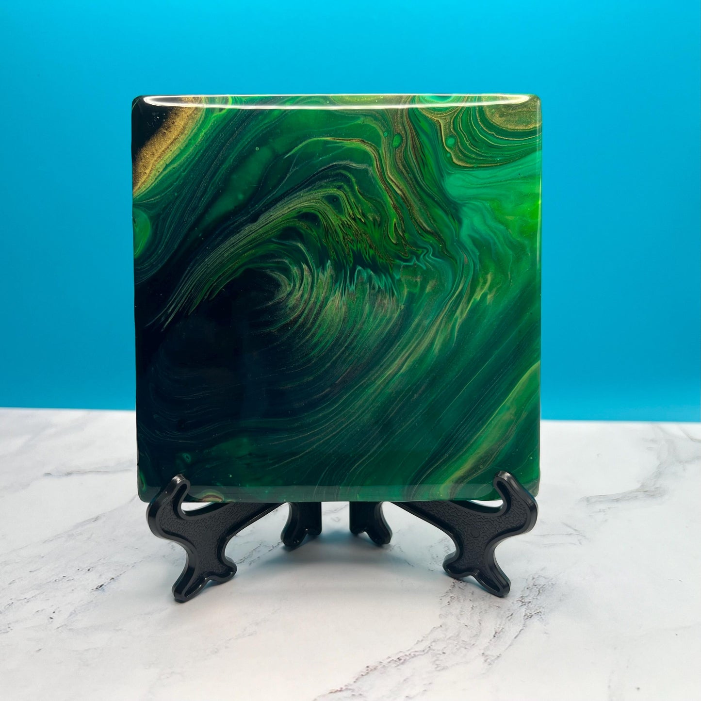 Mystic Jade Coasters - Handcrafted Ceramic Coaster Set with Resin Finish | Elegant Green & Black Swirl Design | Unique Home Decor