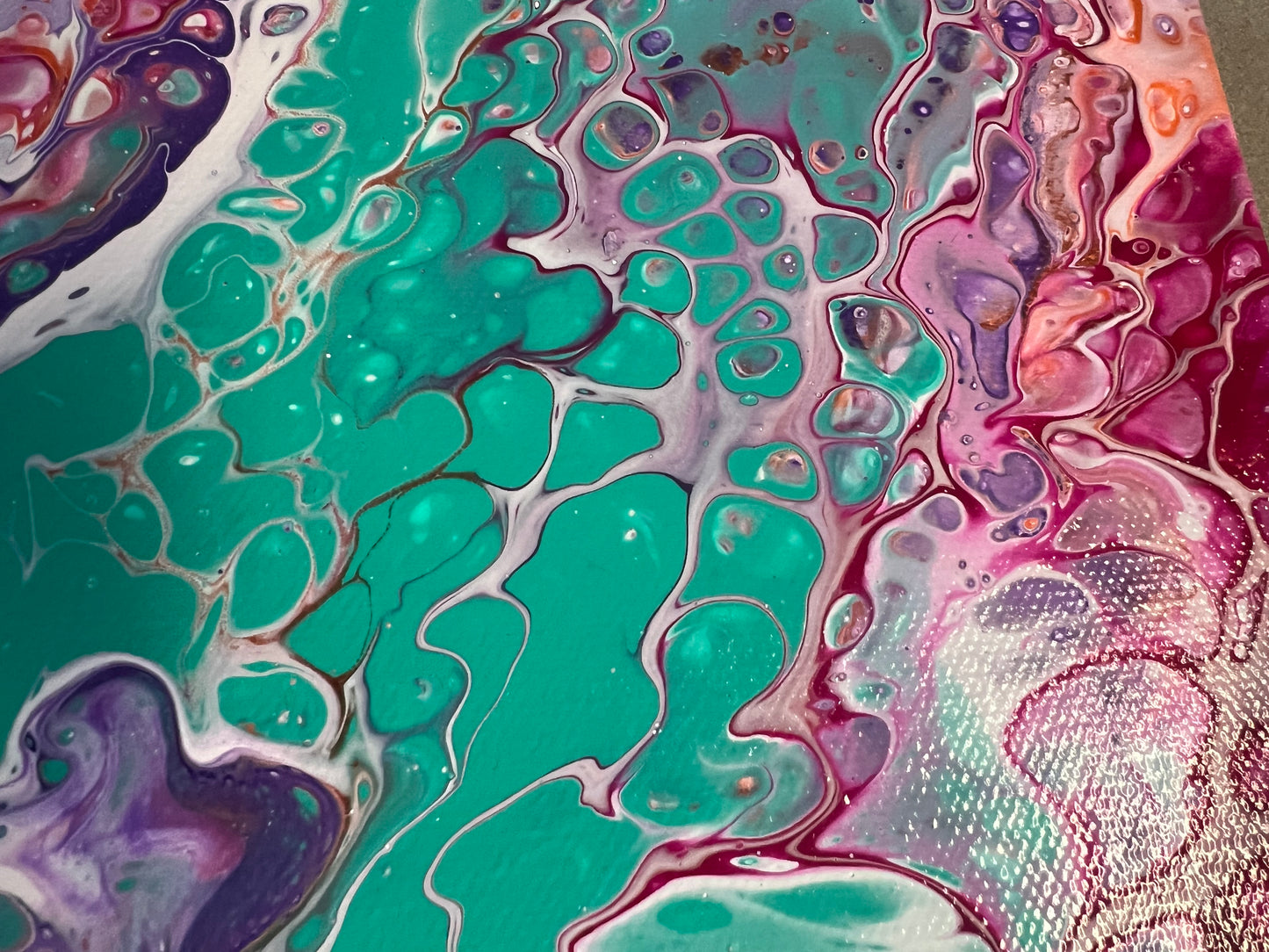 Vibrant Abstract Acrylic Pour Painting on 8x8 Canvas - Hand-Painted Original Fluid Art with Bold Teal, Purple, and Pink Accents - Varnished Wall Art for Home or Office Decor