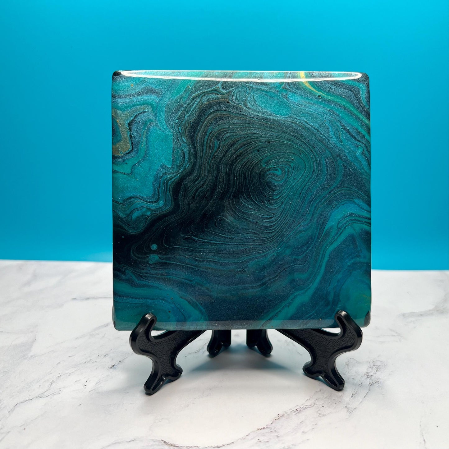 Midnight Marble Ceramic Coasters | Acrylic Pour Art with Mini Easels | Modern Drink Coasters for Home Décor | High-End Housewarming Gift