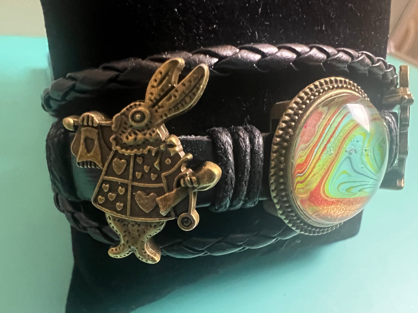 Wonderland Rabbit Handmade Wonderland Rabbit Charm Leather Bracelet with Fluid Art Pendant – Whimsical Boho Jewelry for Men & Women