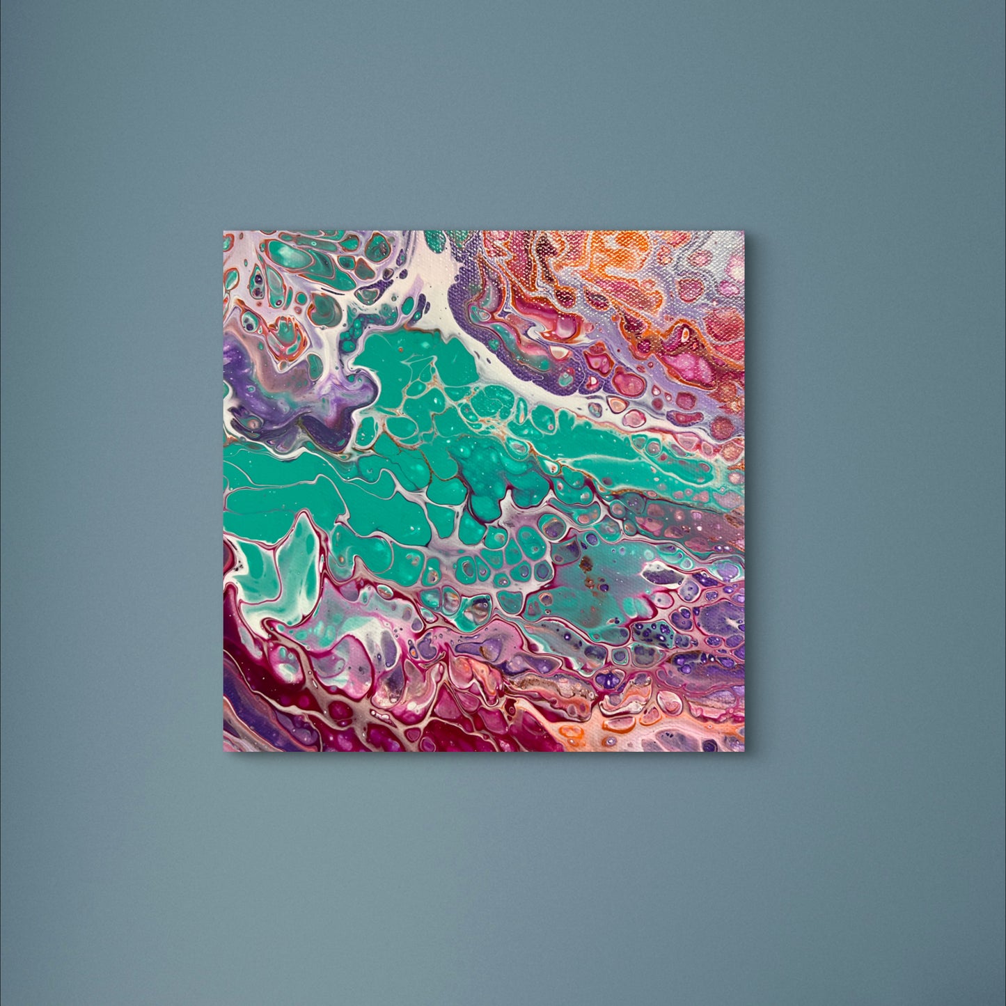 Vibrant Abstract Acrylic Pour Painting on 8x8 Canvas - Hand-Painted Original Fluid Art with Bold Teal, Purple, and Pink Accents - Varnished Wall Art for Home or Office Decor