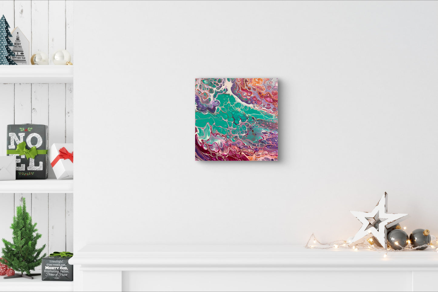 Vibrant Abstract Acrylic Pour Painting on 8x8 Canvas - Hand-Painted Original Fluid Art with Bold Teal, Purple, and Pink Accents - Varnished Wall Art for Home or Office Decor