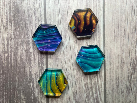 Handmade hexagon Cabochon Magnets Set of 5 Acrylic Pour Art Skins Unique Fridge Decor Locket Accessories Office Magnets Gift Set