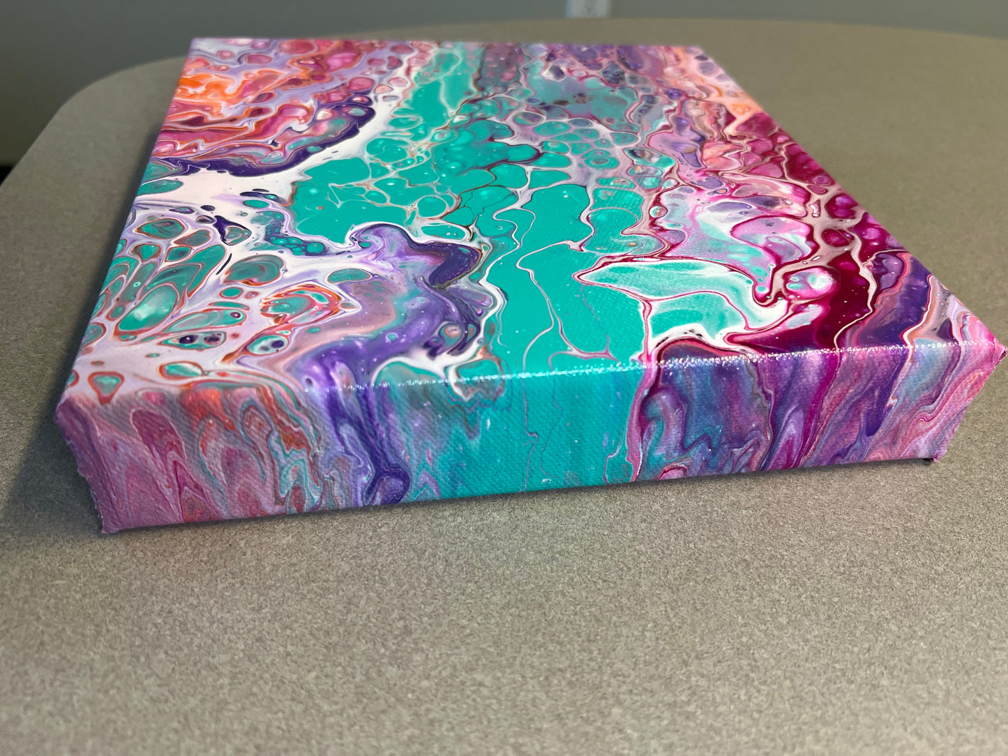 Vibrant Abstract Acrylic Pour Painting on 8x8 Canvas - Hand-Painted Original Fluid Art with Bold Teal, Purple, and Pink Accents - Varnished Wall Art for Home or Office Decor