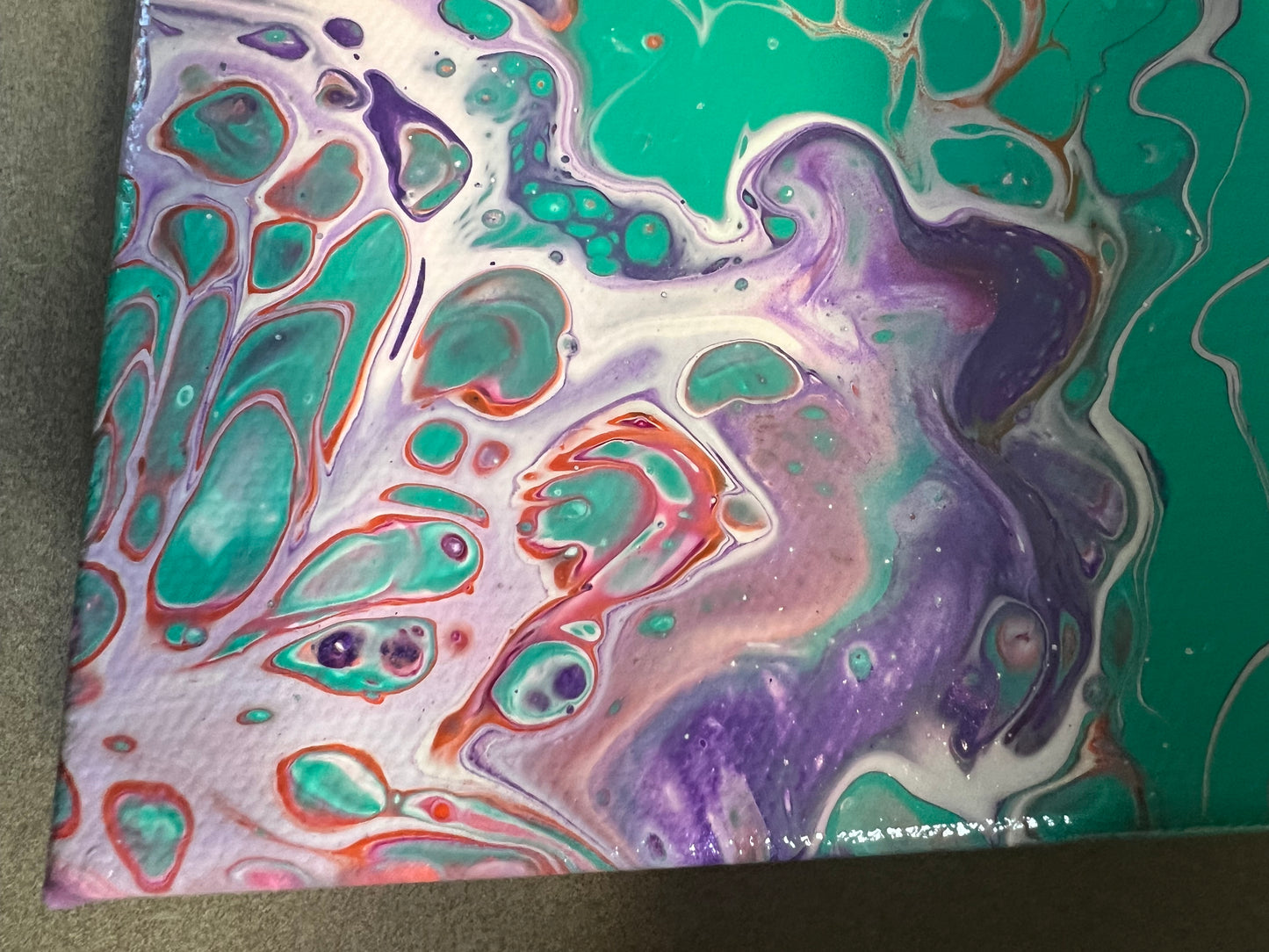 Vibrant Abstract Acrylic Pour Painting on 8x8 Canvas - Hand-Painted Original Fluid Art with Bold Teal, Purple, and Pink Accents - Varnished Wall Art for Home or Office Decor