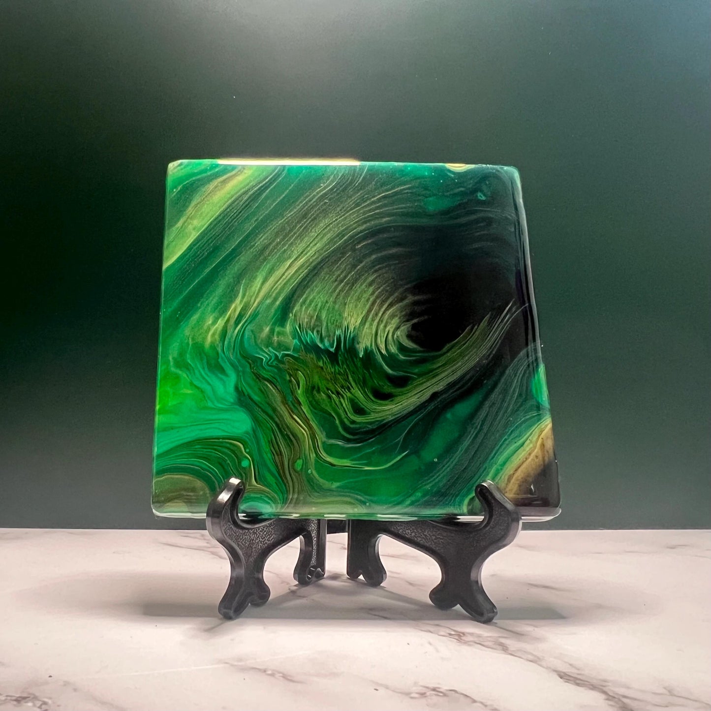 Mystic Jade Coasters - Handcrafted Ceramic Coaster Set with Resin Finish | Elegant Green & Black Swirl Design | Unique Home Decor