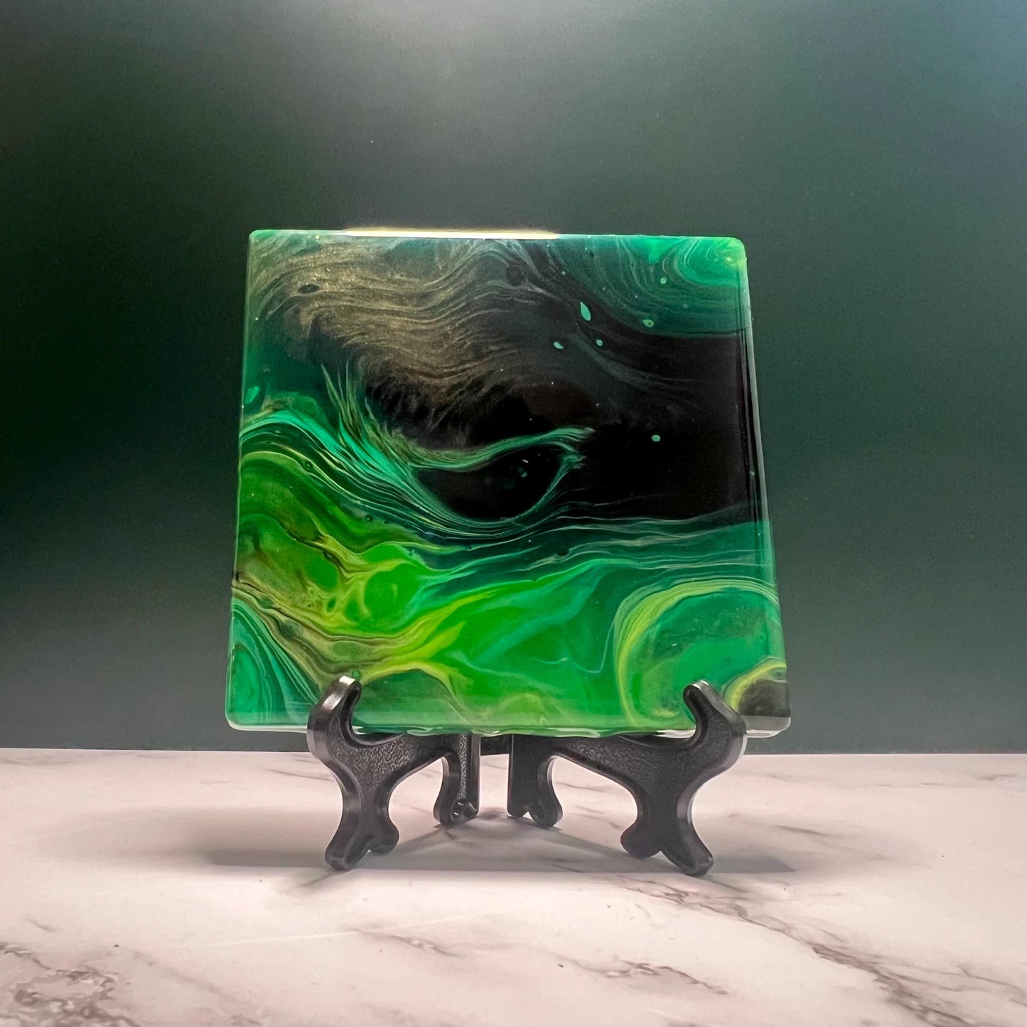 Mystic Jade Coasters - Handcrafted Ceramic Coaster Set with Resin Finish | Elegant Green & Black Swirl Design | Unique Home Decor