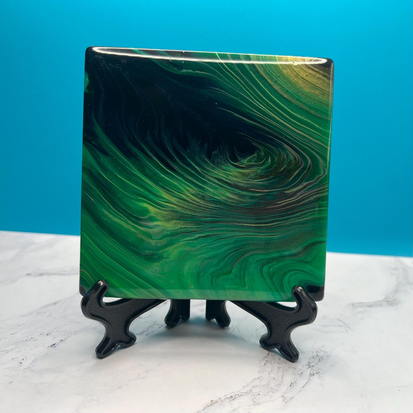 Mystic Jade Coasters - Handcrafted Ceramic Coaster Set with Resin Finish | Elegant Green & Black Swirl Design | Unique Home Decor