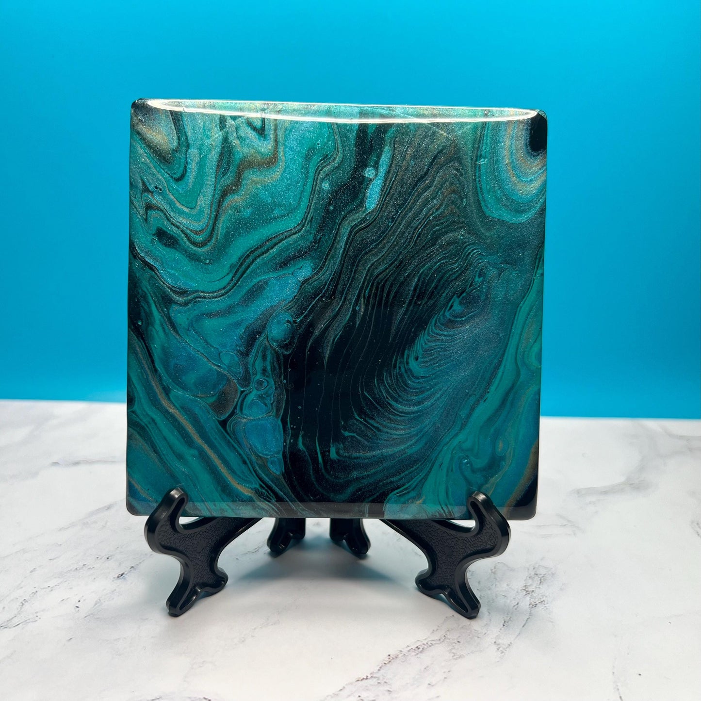 Midnight Marble Ceramic Coasters | Acrylic Pour Art with Mini Easels | Modern Drink Coasters for Home Décor | High-End Housewarming Gift