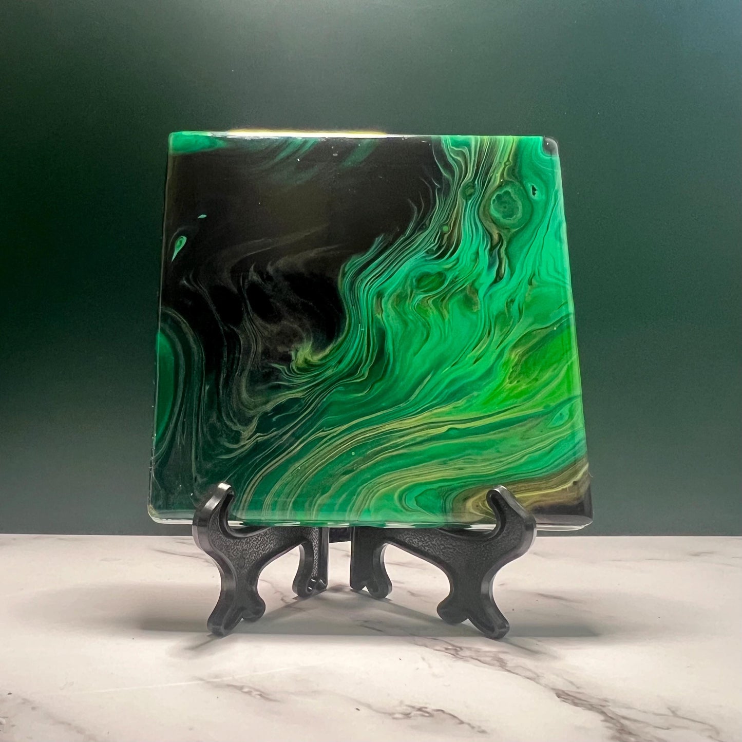 Mystic Jade Coasters - Handcrafted Ceramic Coaster Set with Resin Finish | Elegant Green & Black Swirl Design | Unique Home Decor