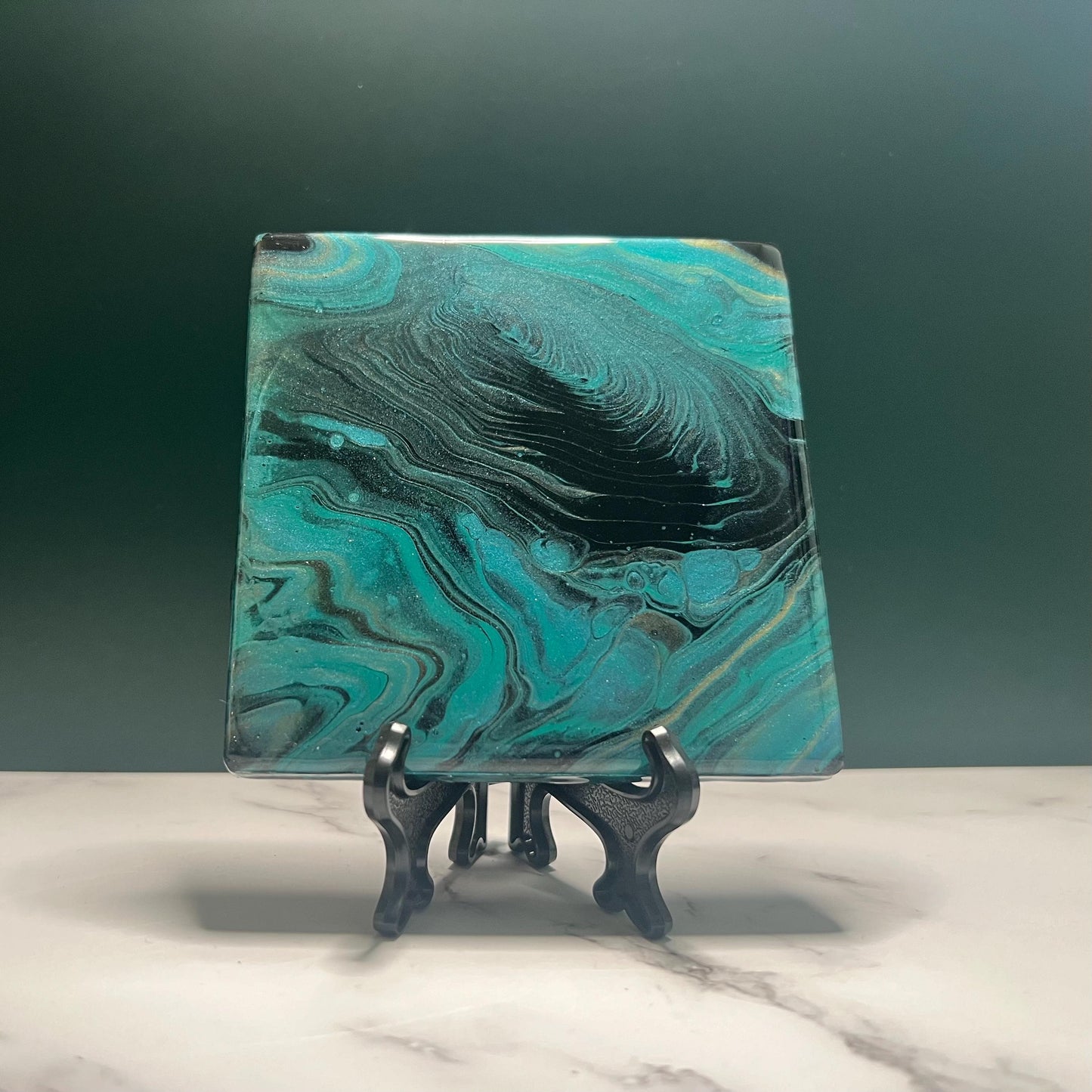 Midnight Marble Ceramic Coasters | Acrylic Pour Art with Mini Easels | Modern Drink Coasters for Home Décor | High-End Housewarming Gift